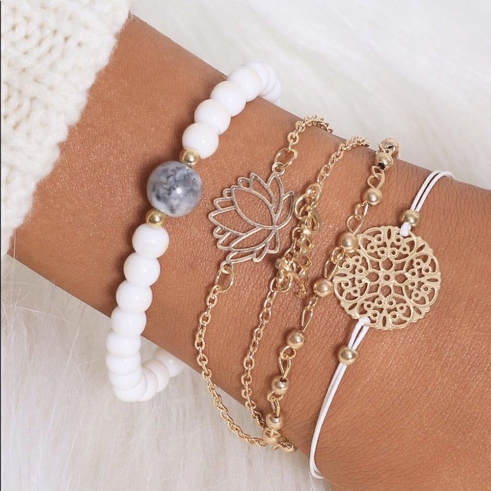 Lotus Floral Love 5 Piece White Bracelet Set